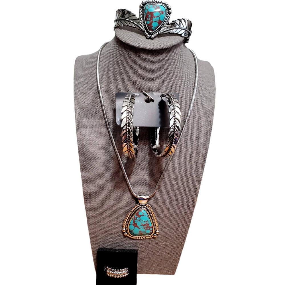 Jewelry Set Turquoise Feather Snake Chain Silver Plated 4 Pc Costume Jewelry